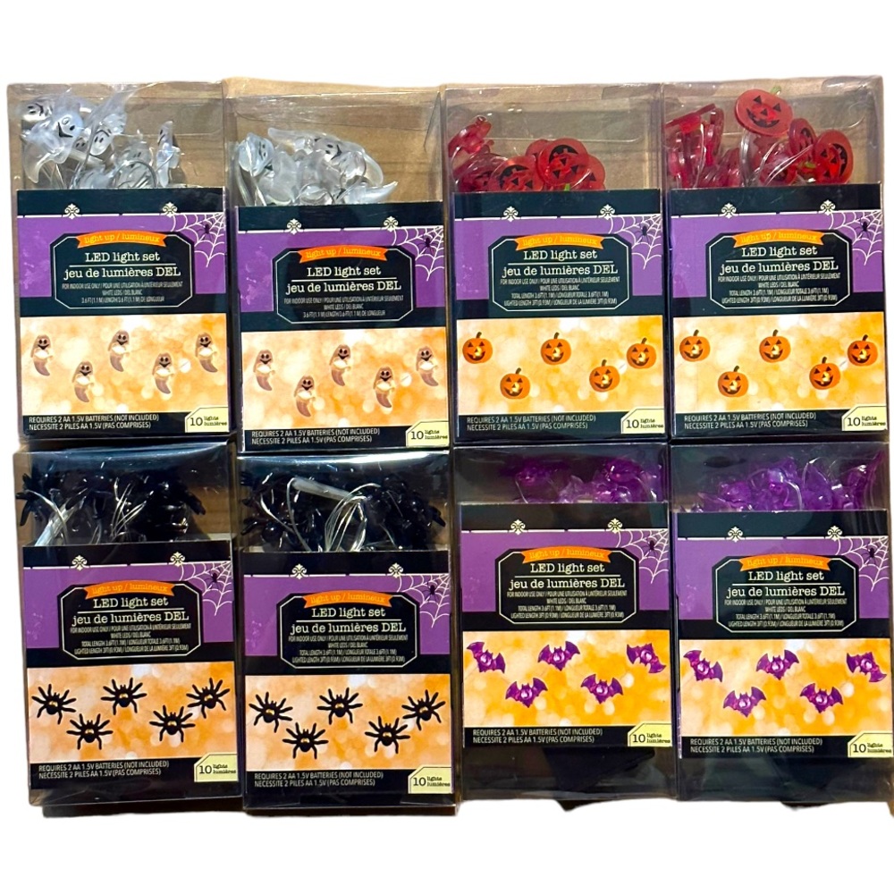8 Pk Halloween Light Up LED Bats, Pumpkins, Ghosts, & Spiders String Lights NWT